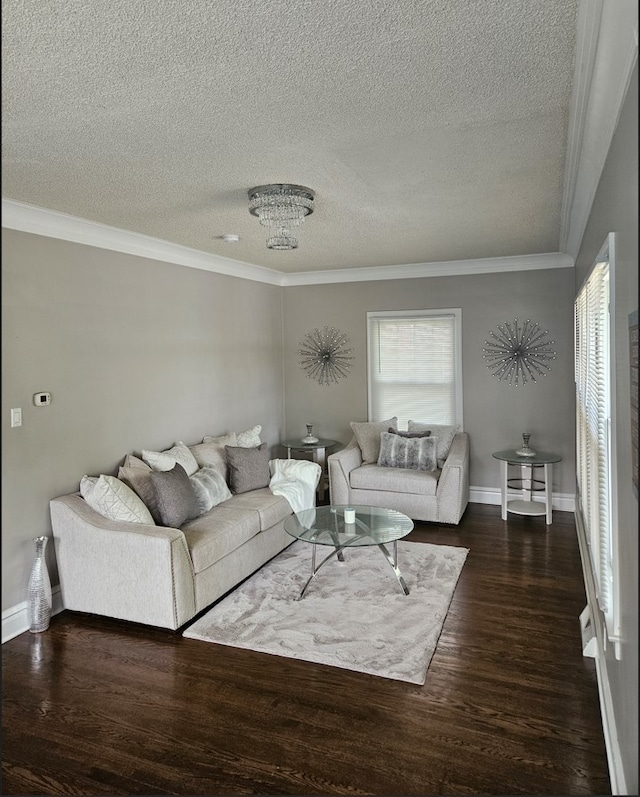 living room featuring ornamental molding, a textured ceiling, a chandelier, and dark wood-type flooring