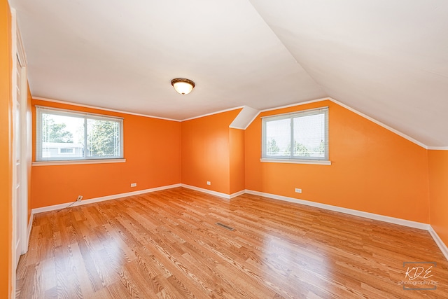 bonus room with a healthy amount of sunlight, vaulted ceiling, and wood-type flooring