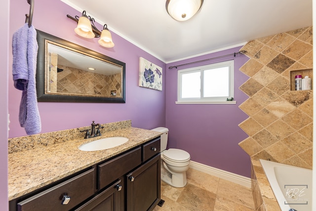 full bathroom with shower with separate bathtub, vanity, and toilet