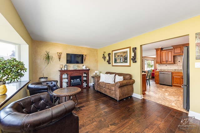 living room with dark hardwood / wood-style flooring and a healthy amount of sunlight