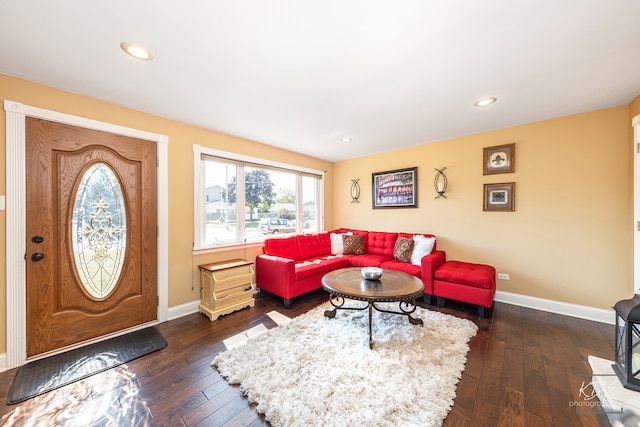 living room with dark hardwood / wood-style flooring