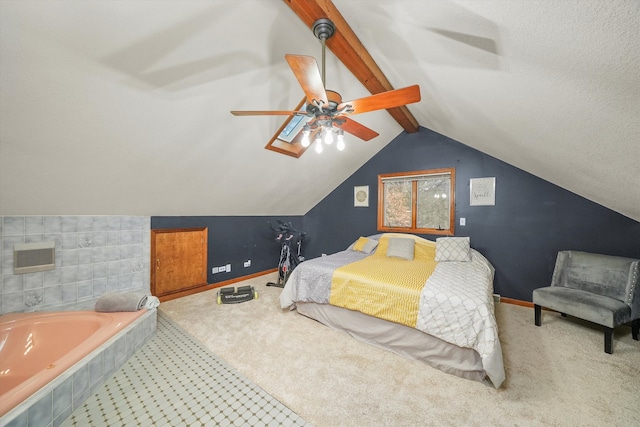 carpeted bedroom featuring lofted ceiling with beams and ceiling fan