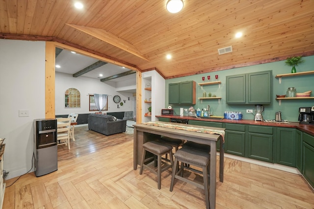 kitchen featuring vaulted ceiling with beams, wood ceiling, sink, and green cabinetry