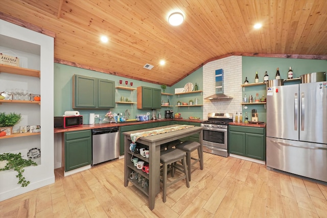 kitchen with wall chimney range hood, vaulted ceiling, appliances with stainless steel finishes, wood ceiling, and green cabinetry