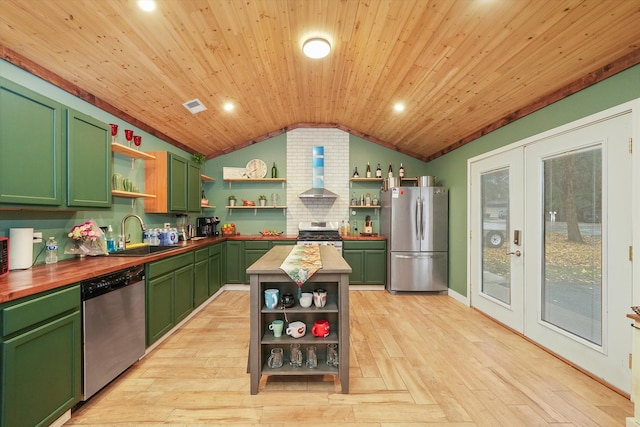 kitchen with wooden ceiling, lofted ceiling, wooden counters, sink, and stainless steel appliances