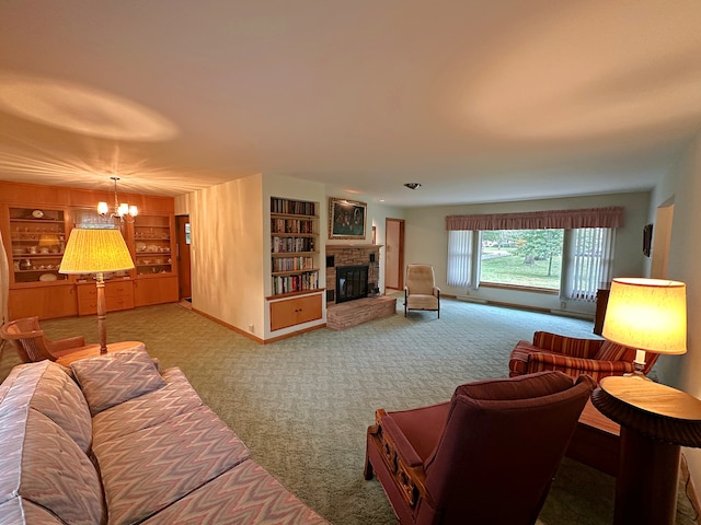 living room with an inviting chandelier, carpet, a brick fireplace, and built in features