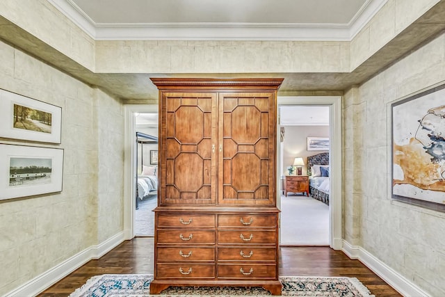 interior space with crown molding and dark wood-type flooring