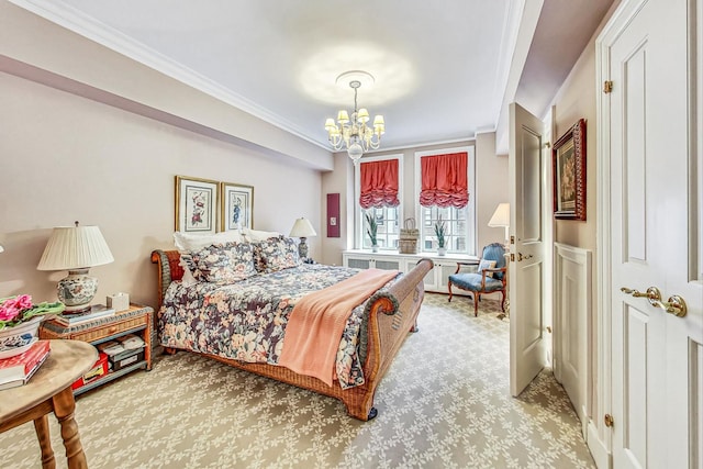 bedroom featuring ornamental molding, an inviting chandelier, and light carpet