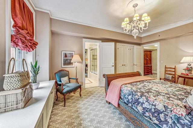 bedroom featuring connected bathroom, an inviting chandelier, light carpet, and ornamental molding