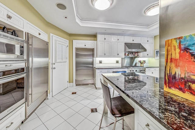 kitchen featuring built in appliances, a tray ceiling, ventilation hood, and white cabinetry