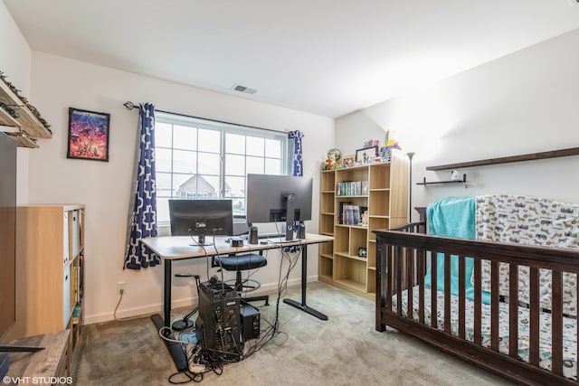 bedroom with light colored carpet