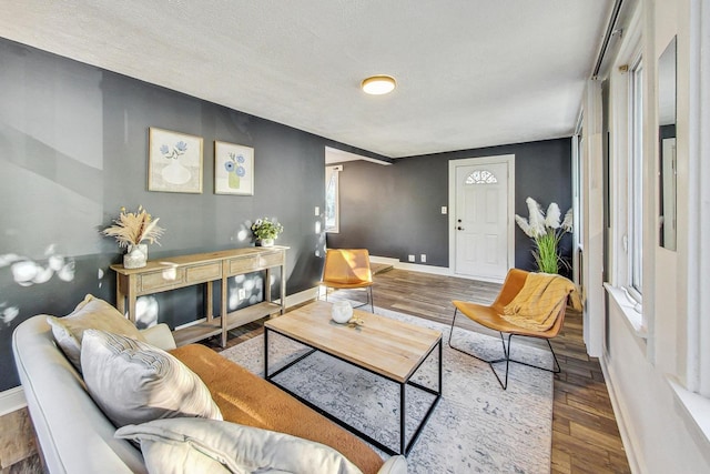 living room with wood finished floors, a textured ceiling, and baseboards