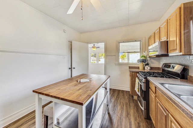 kitchen with ceiling fan, ornamental molding, wooden counters, appliances with stainless steel finishes, and dark hardwood / wood-style floors