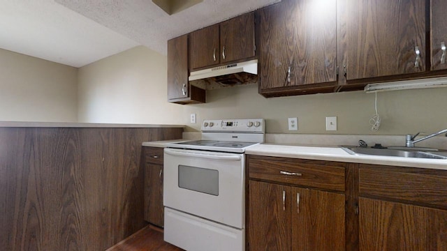 kitchen featuring sink, dark brown cabinets, and white range with electric stovetop