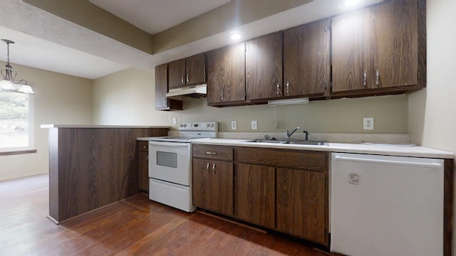 kitchen with dark brown cabinetry, sink, electric range, dishwasher, and pendant lighting