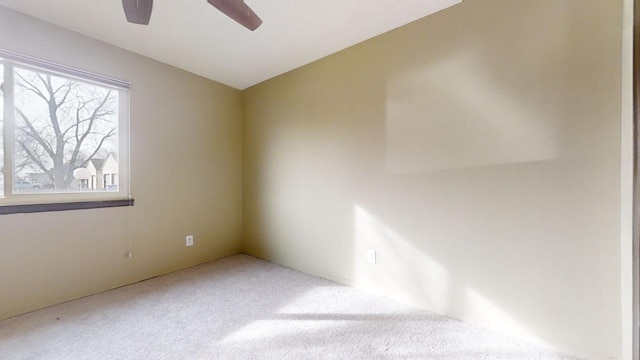 spare room with ceiling fan and carpet