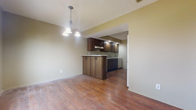 kitchen featuring an inviting chandelier, sink, hardwood / wood-style flooring, and dark brown cabinets