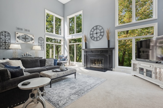 carpeted living room with a high ceiling