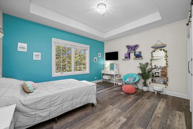 bedroom with wood-type flooring and a raised ceiling