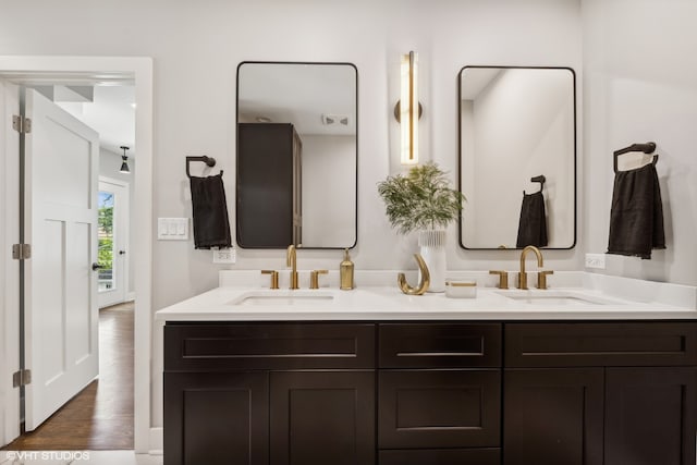 bathroom with hardwood / wood-style flooring and vanity