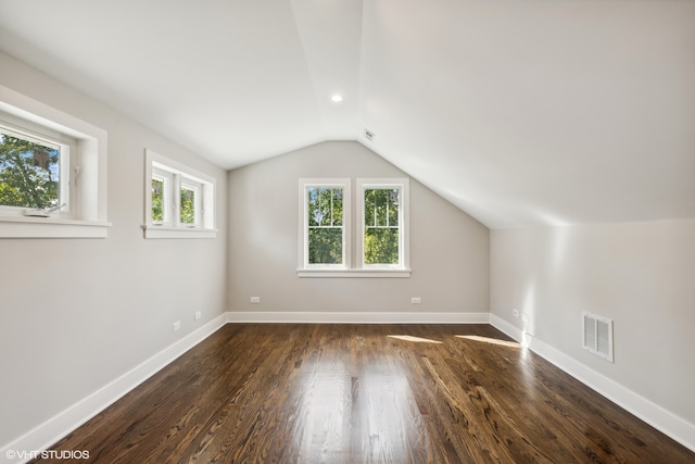 additional living space featuring vaulted ceiling and dark hardwood / wood-style flooring