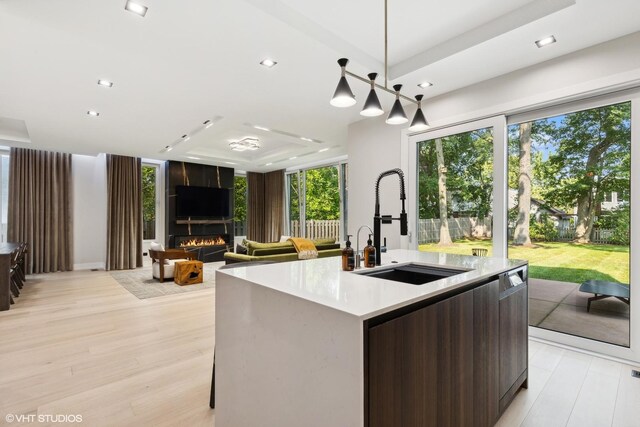 kitchen with light wood-type flooring, pendant lighting, a fireplace, an island with sink, and sink