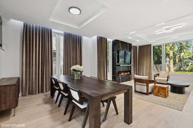dining space with light wood finished floors, a large fireplace, and a raised ceiling