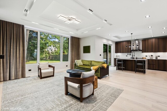 living room with light wood-type flooring and a raised ceiling