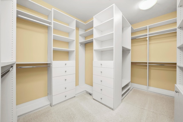 walk in closet featuring light carpet