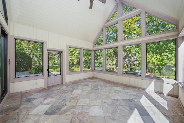 unfurnished sunroom with lofted ceiling