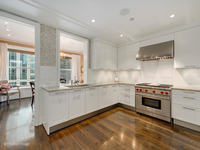 kitchen with white cabinetry, designer stove, dark hardwood / wood-style floors, and wall chimney range hood