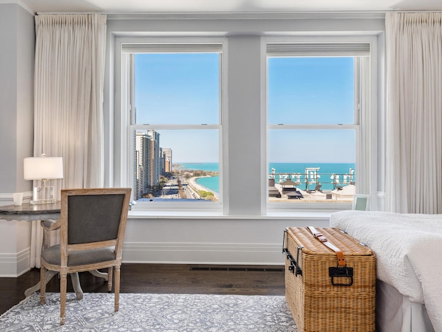 bedroom featuring hardwood / wood-style flooring and a water view