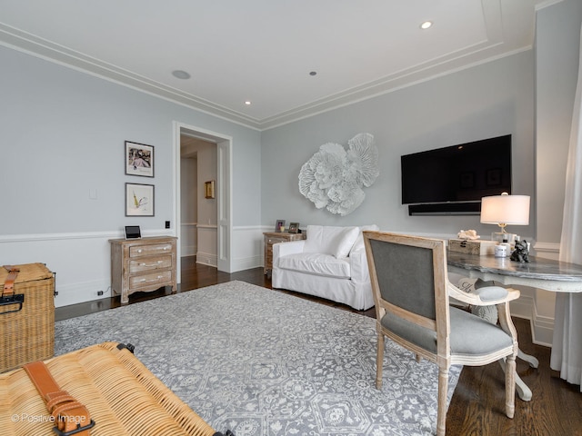 interior space featuring crown molding and dark wood-type flooring