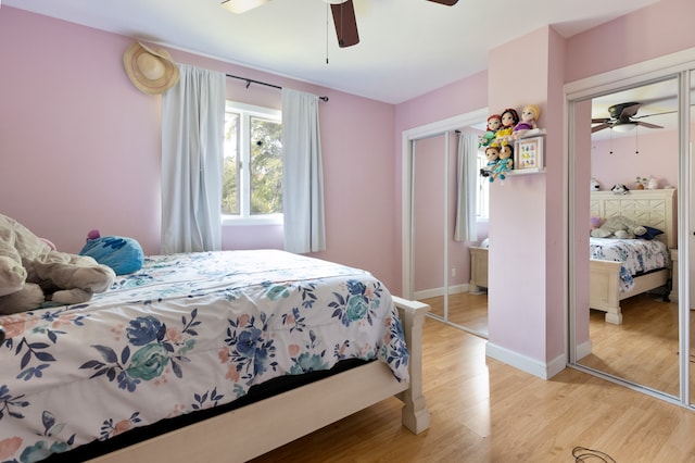 bedroom featuring ceiling fan, a closet, and light hardwood / wood-style flooring