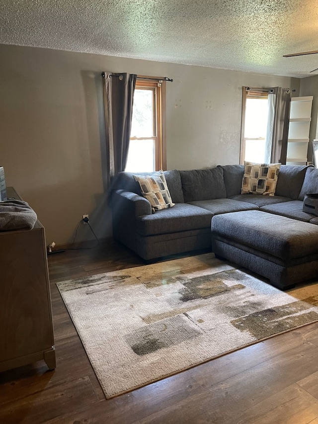 living room with ceiling fan, hardwood / wood-style flooring, and a textured ceiling