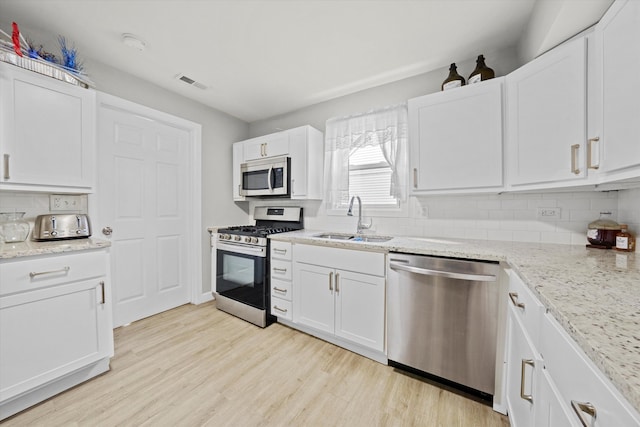 kitchen with white cabinetry, light hardwood / wood-style flooring, stainless steel appliances, sink, and decorative backsplash