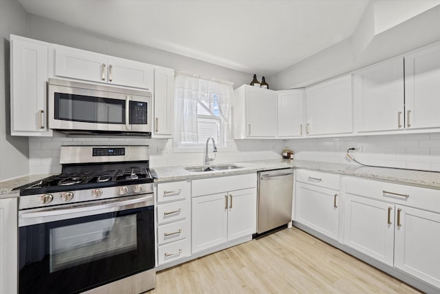 kitchen with sink, decorative backsplash, appliances with stainless steel finishes, white cabinets, and light hardwood / wood-style floors