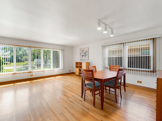 dining area featuring track lighting and light hardwood / wood-style flooring