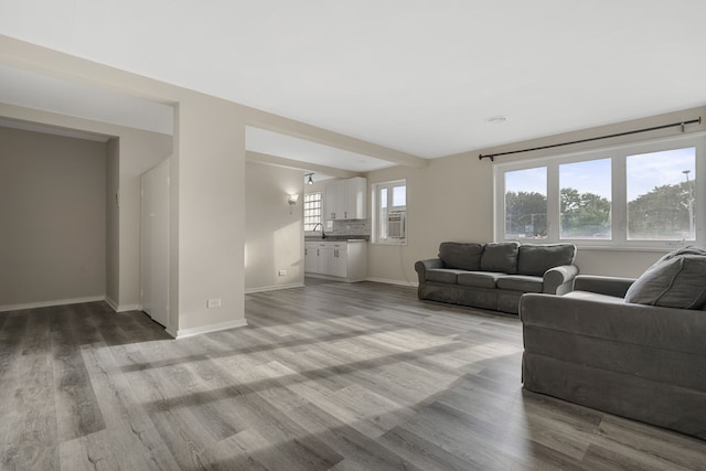 living room with light hardwood / wood-style floors and sink