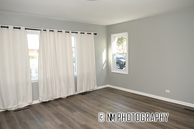 unfurnished room with dark wood-type flooring