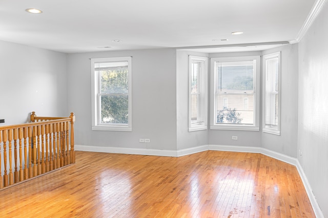 empty room featuring wood-type flooring and crown molding