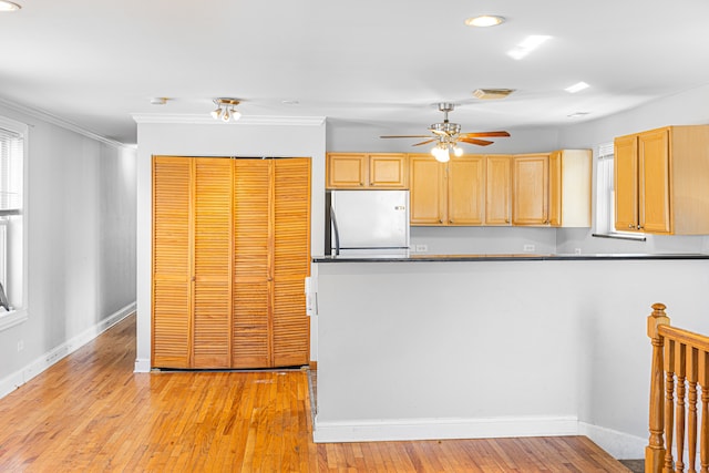 kitchen with light wood-type flooring, crown molding, ceiling fan, and white fridge