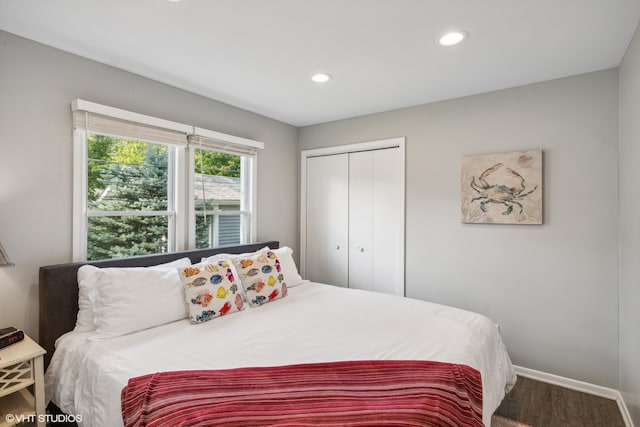 bedroom with wood-type flooring and a closet