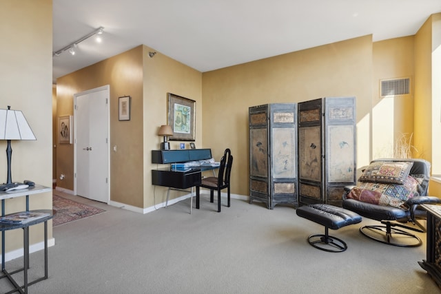 interior space with track lighting and carpet flooring