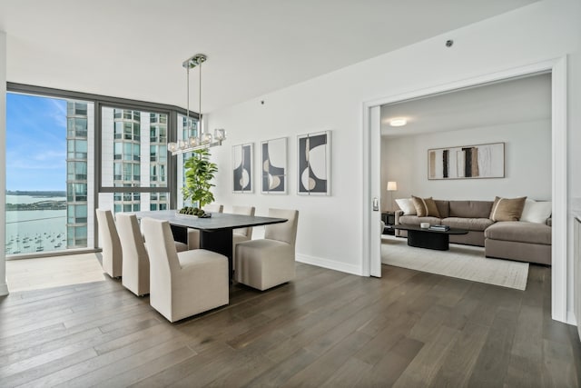 dining room with floor to ceiling windows, dark hardwood / wood-style floors, and a notable chandelier