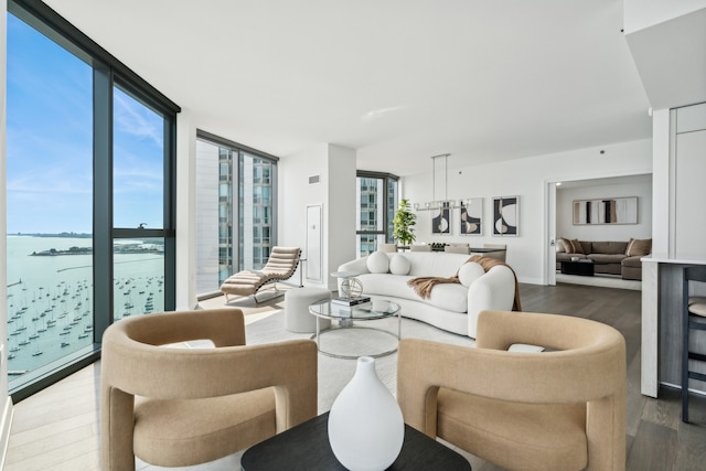 living room with wood-type flooring, a water view, and expansive windows