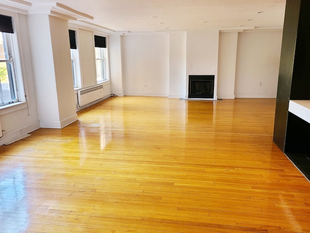 interior space featuring crown molding, a wealth of natural light, light hardwood / wood-style flooring, and a baseboard heating unit