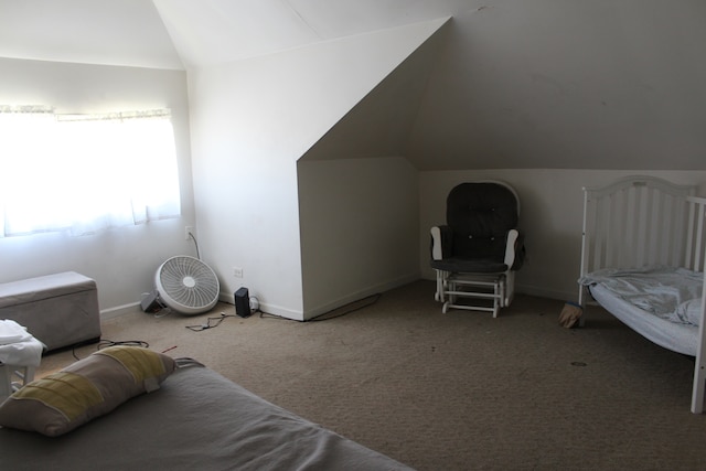 carpeted bedroom with vaulted ceiling