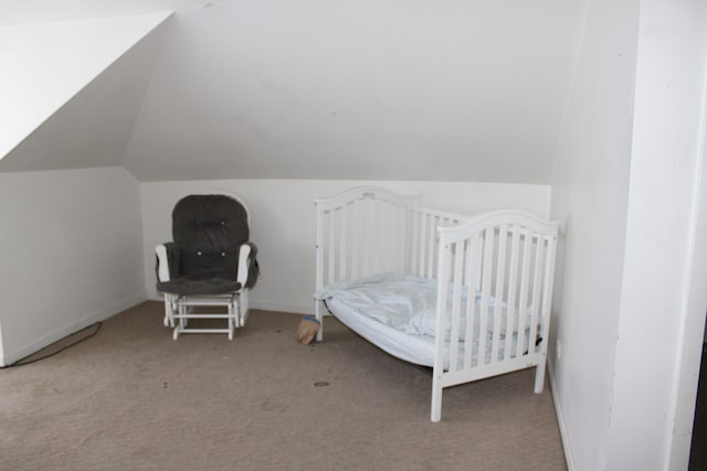 carpeted bedroom with lofted ceiling and a nursery area