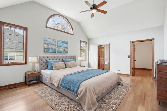 140 E Lynn St, South Elgin, IL 60177 - bedroom featuring ceiling fan, visible vents, baseboards, light wood-type flooring, and high vaulted ceiling